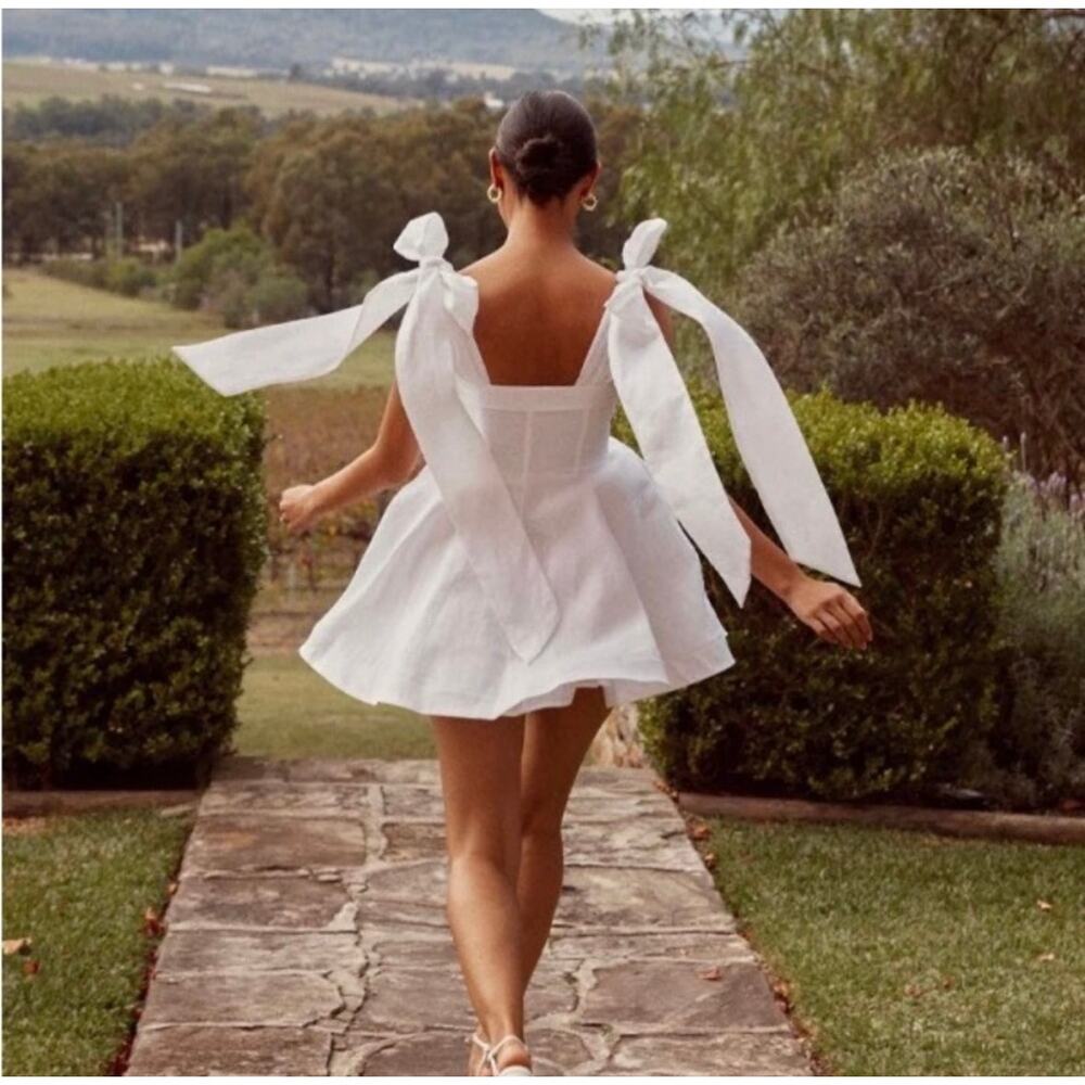 DISSH Aisle White 100% Linen Bow Tie Mini Dress, Sz. 4 - Picture 2 of 9